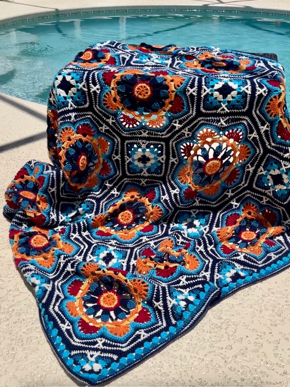 Handcrafted Blue & Orange Crochet Throw Blanket - Cozy Home Accent Persian tiles